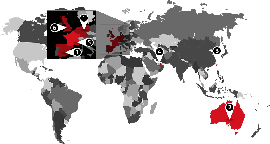 Weltkarte mit den Standorten der FloorStak-Vertreter